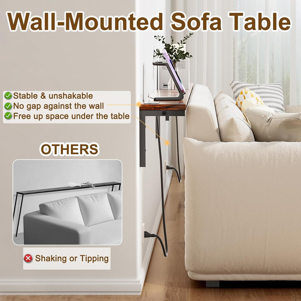 70.8" Narrow Console Table with Outlet, 5.9" Sofa Table Behind Couch Wall Mounted, 2 Pack with 4 Power Outlets 4 USB-C Ports 4.9ft Cord for Entryway, Hallway, Living Room, Rustic Brown