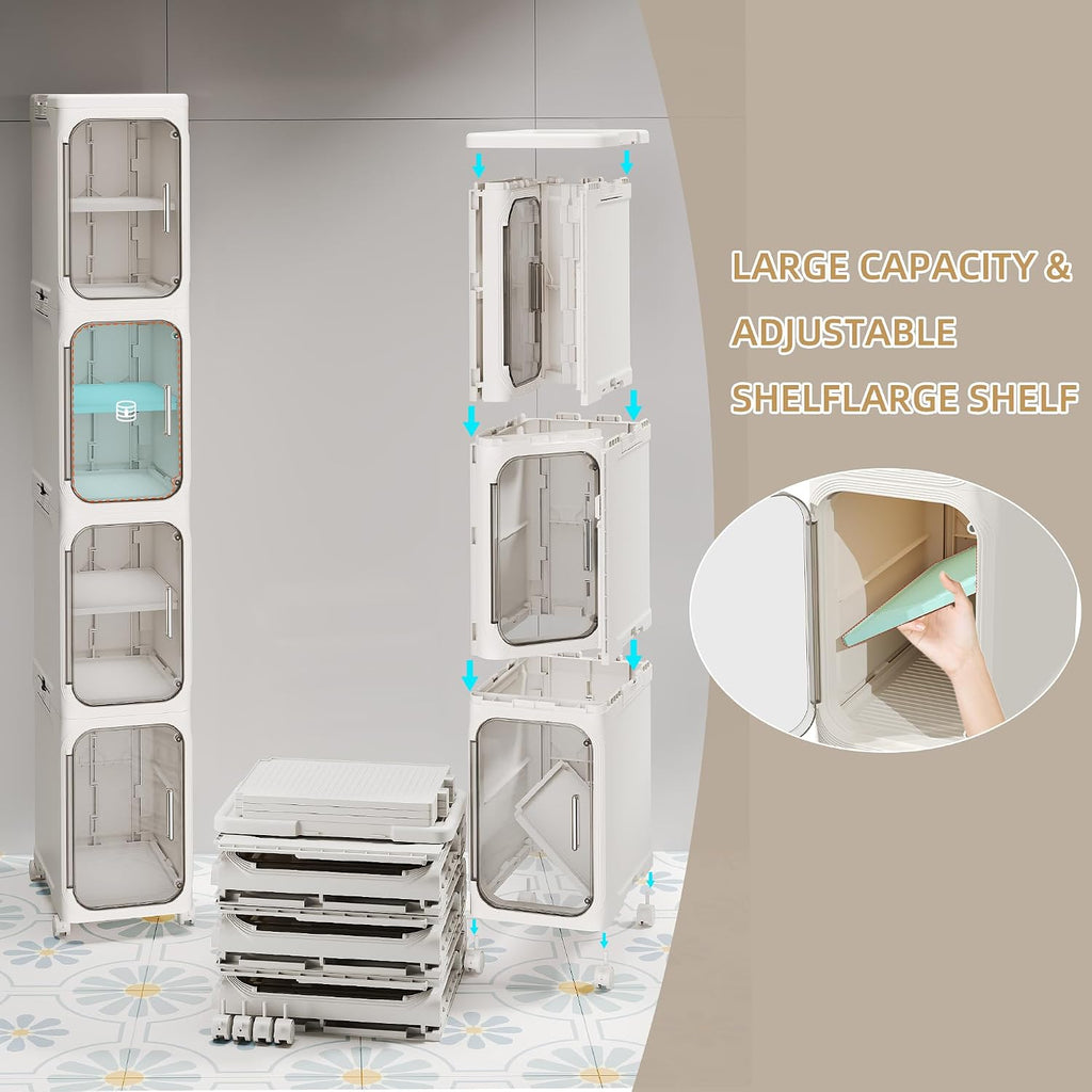 Narrow Slim Bathroom Storage Cabinet with Wheels, 4-Tier White | Tool Free Assembly, Adjustable Shelves, Fits for Narrow Spaces, Reinforced Stability, Magnetic Clear Door