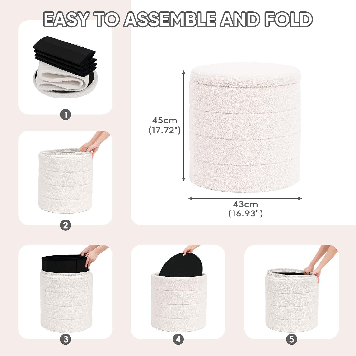 PINPLUS Round Storage Ottoman Foot Rest Stool with Tray Velvet Sherpa Folding Storage Ottoman,Boucle Foot Rest for Living Room, Bedroom, Dorm,Cream White