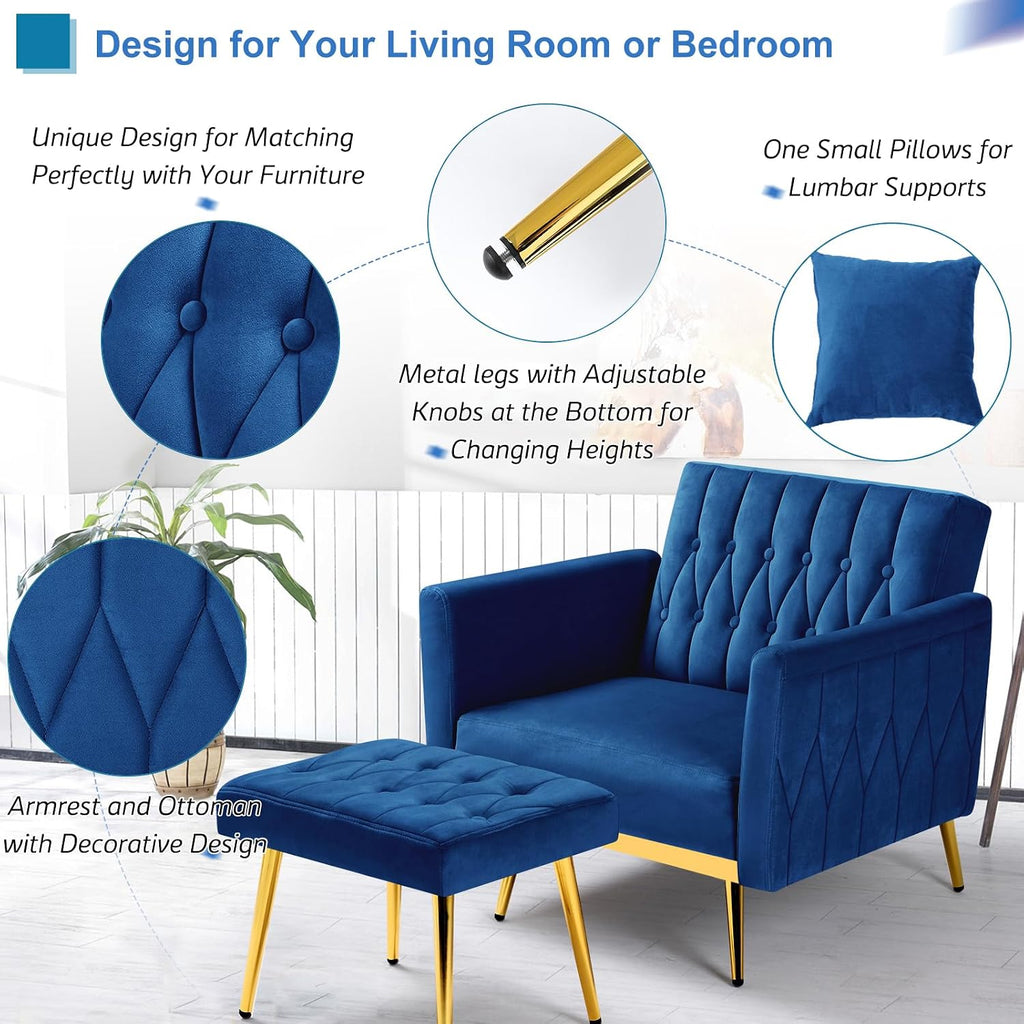 2 Pieces Velvet Sofa Set with Adjustable Armrest and Backrests, Blue | 70” Convertible Futon Sofa Bed & Mordern Accent Chair with Ottoman for Living Room, Bedroom