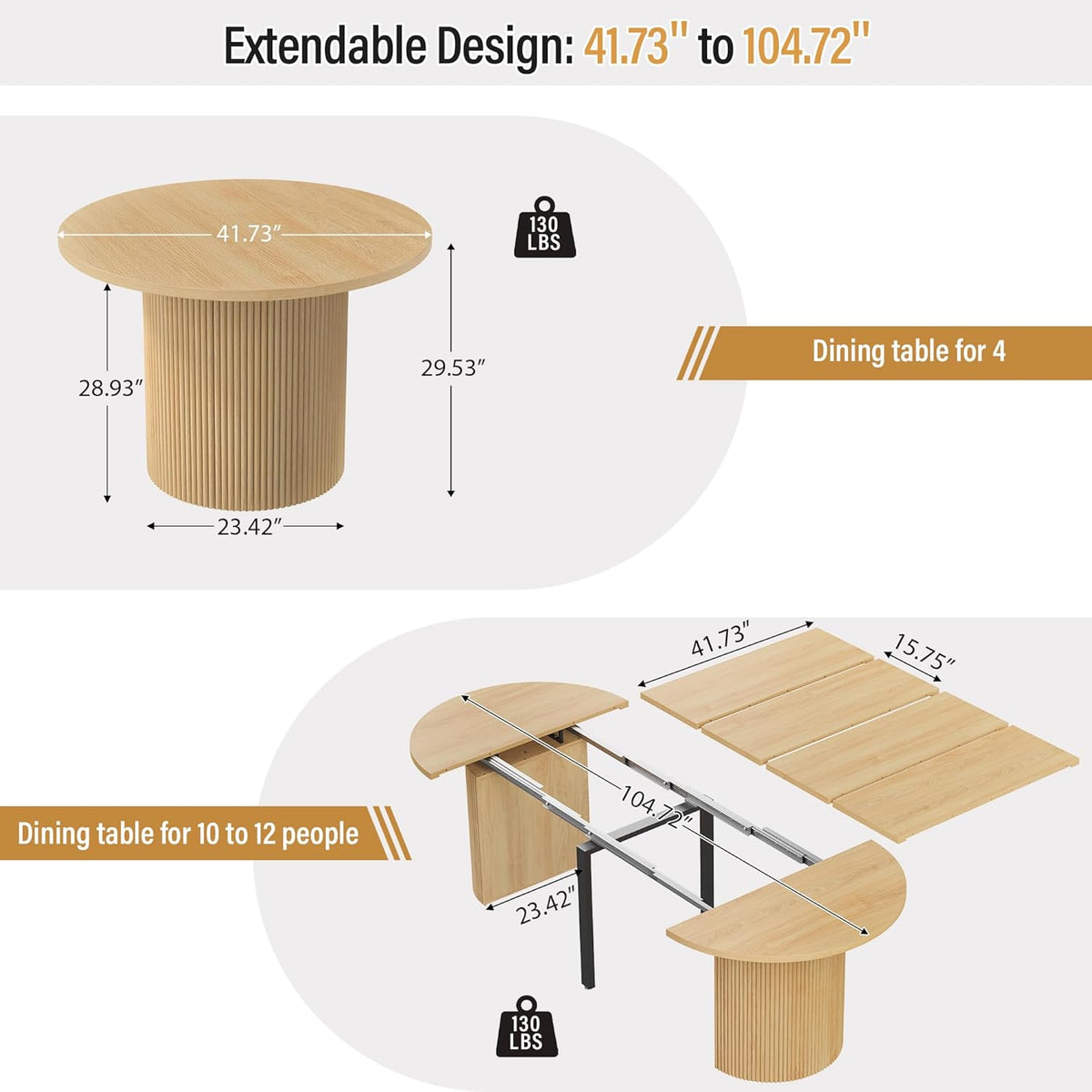 weselon 42"-105" Extendable Dining Table for 4-12, Expandable Oval Dining Room Table with Fluted Pedestal Base & Reinforced Metal Support Leg, Large Modern Kitchen Table for Dining Room (Natural)