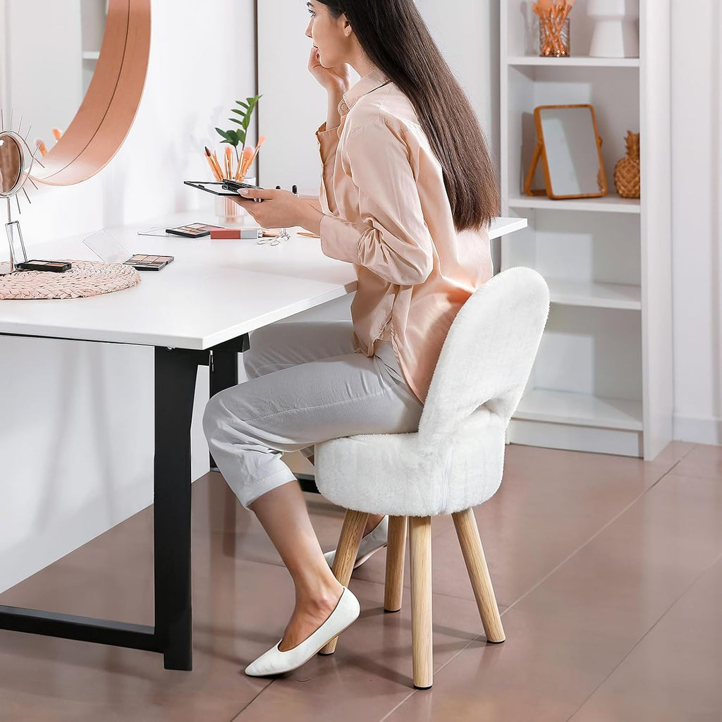 Small Vanity Stool Chair with Storage & Folding Back, Faux Rabbit Fur Soft Padded Seat Ottoman, 4 Solid Wood Legs Anti-Slip Feet, Stool for Vanity Desk for Makeuproom, Bedroom 12.9”x11.8”x27.9”（White）