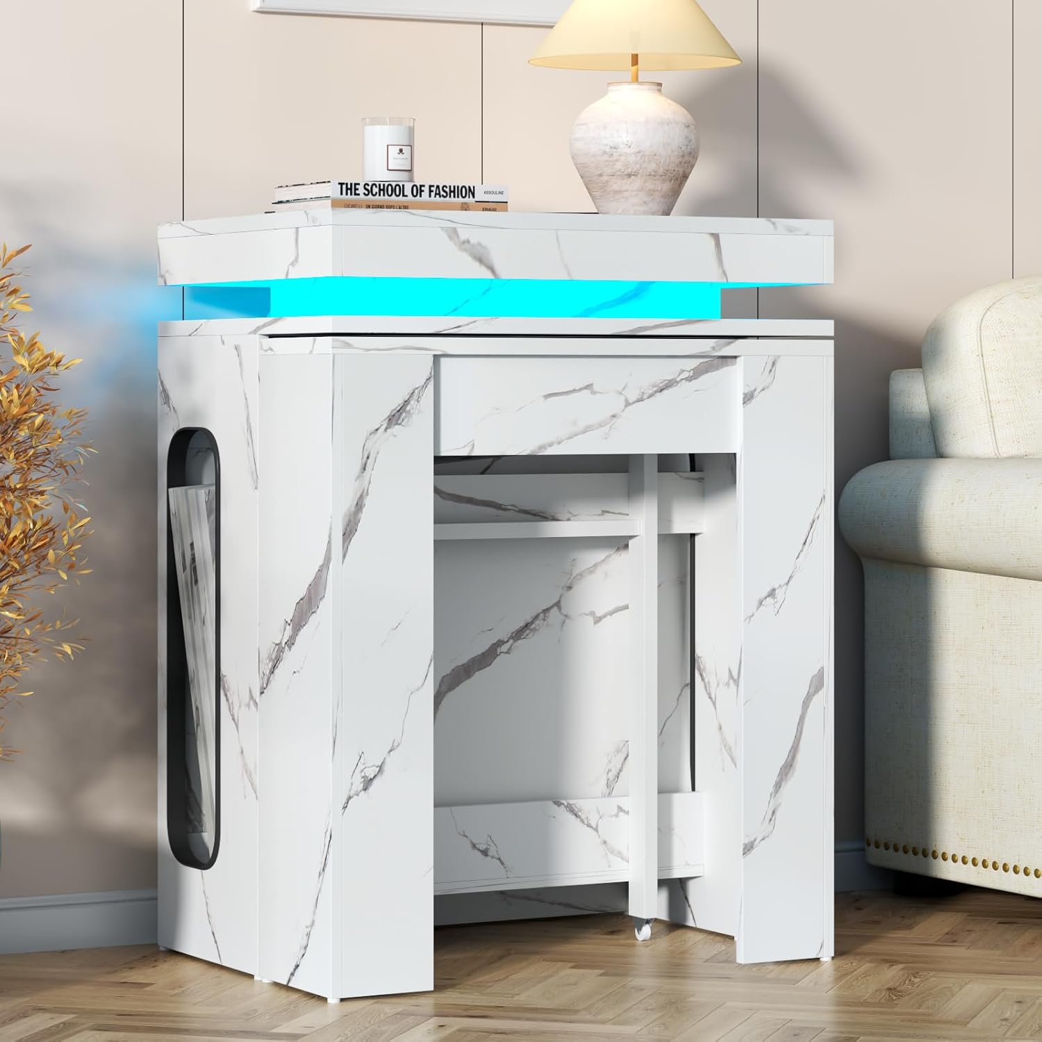 Extendable Dining Table with Charging Station, Convertible Folding Console Table for 6-8 People, Space-Saving Dining Table with LED Lights, Wood Rectangle Kitchen Table, Marble White (No Chairs)
