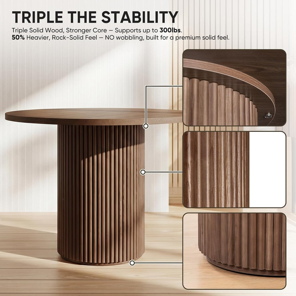 Modern Round Pedestal Dining Table with Solid Wood Base, 35'' Fluted Walnut Table for Kitchen or Small Dining Space