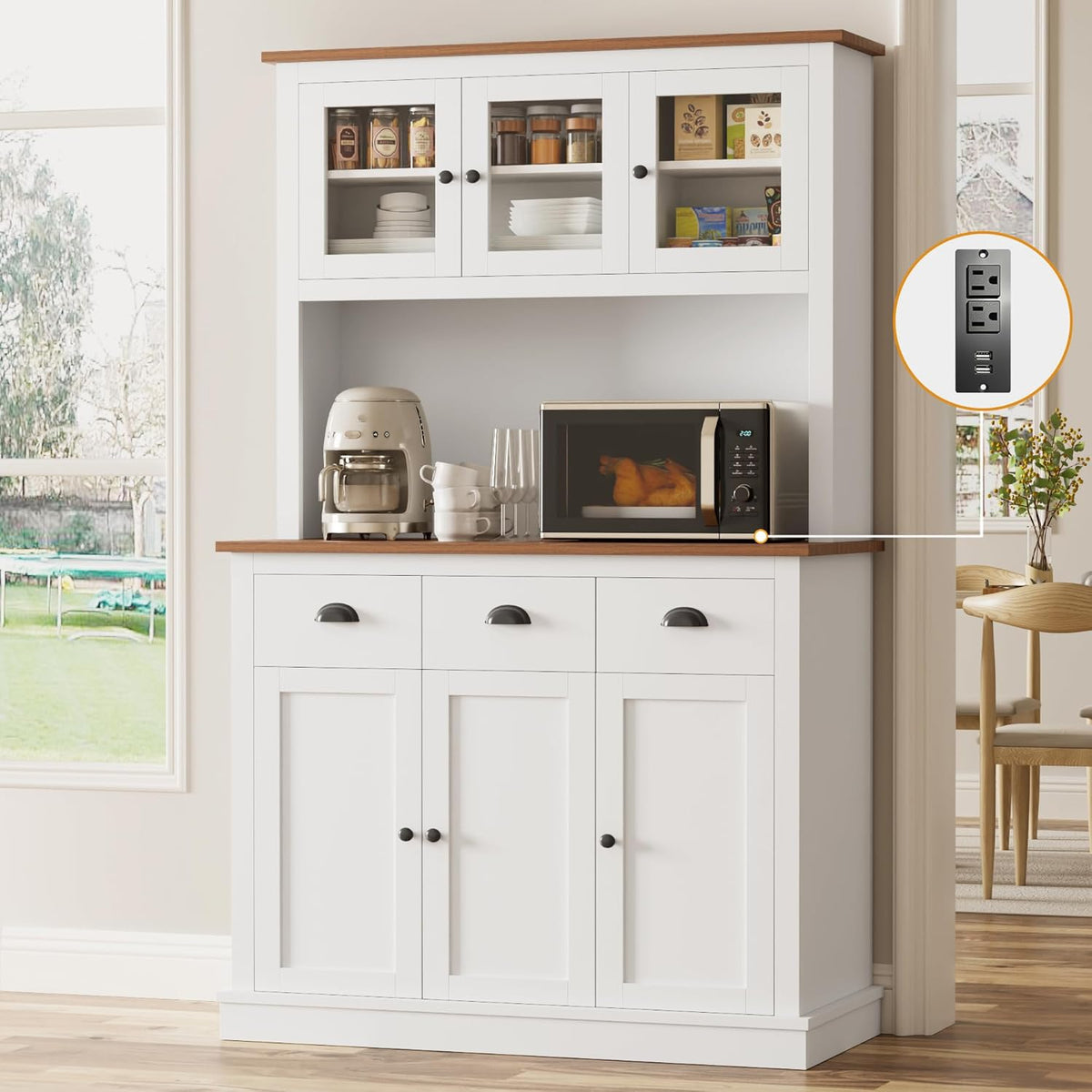 71" Kitchen Hutch with Charging Station, Tall Pantry Storage Cabinet with Microwave Stand, Adjustable Shelves, Slide Drawers, Large Buffet Pantry Cabinet for Kitchen, Dining Room, White