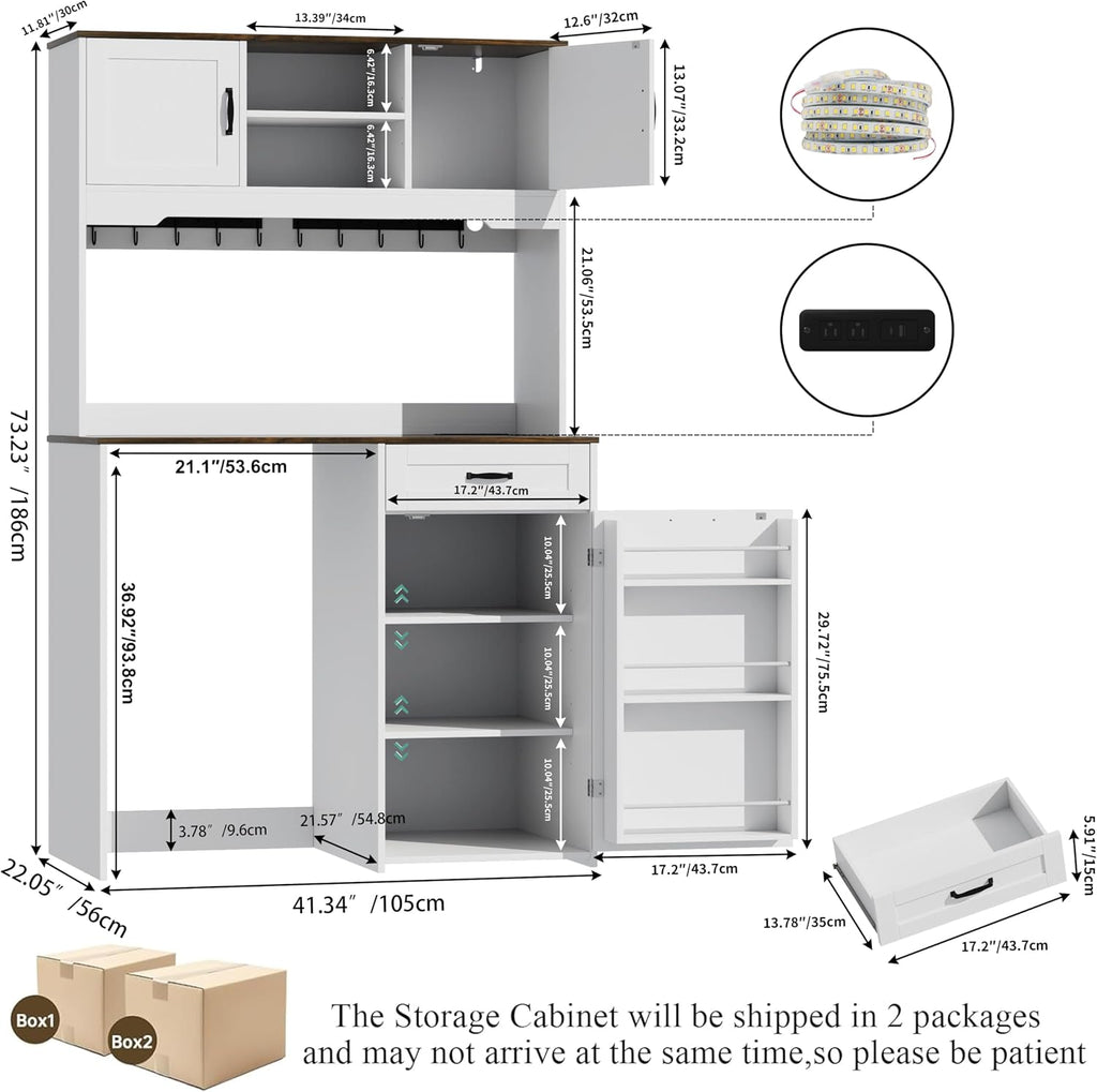 73'' White Pantry Cabinet with Fridge Space - Farmhouse Kitchen Pantry Storage Cabinet with Outlet & Led Light, Tall Pantry Cabinet with Hooks & Shelf Guardrail, Kitchen Hutches with Microwave Stand