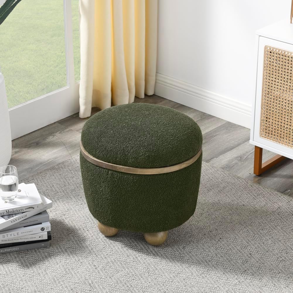 Round Storage Stool, Storage Stool with Storage Space and Cushioned seat, Available in Bedroom, Living Room, entryway-Dark Green