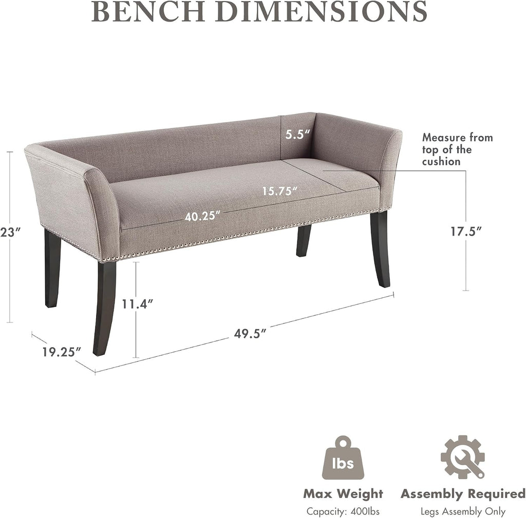Madison Park Accent Bench, Upholstered with Nailhead Trim, & Padded Seat Entryway Bench Small, End of Bed Bench with Back, 49.5" W x 19.25" D x 23" H, Grey