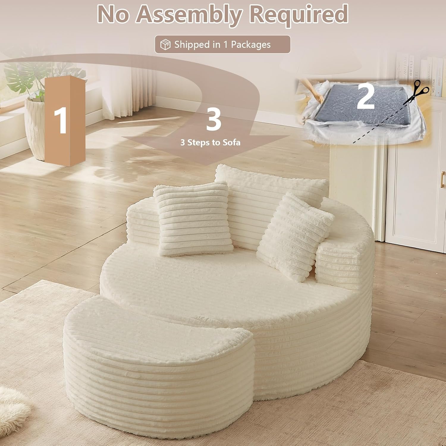 74.6" Oversized Round Chaise Lounge Chair with Ottoman Indoor, Fluffy Upholstered Corduroy Deep Seat Large Floor Circle Couch Sofa Chairs for Living Room, Bedroom, No Assembly Required, White