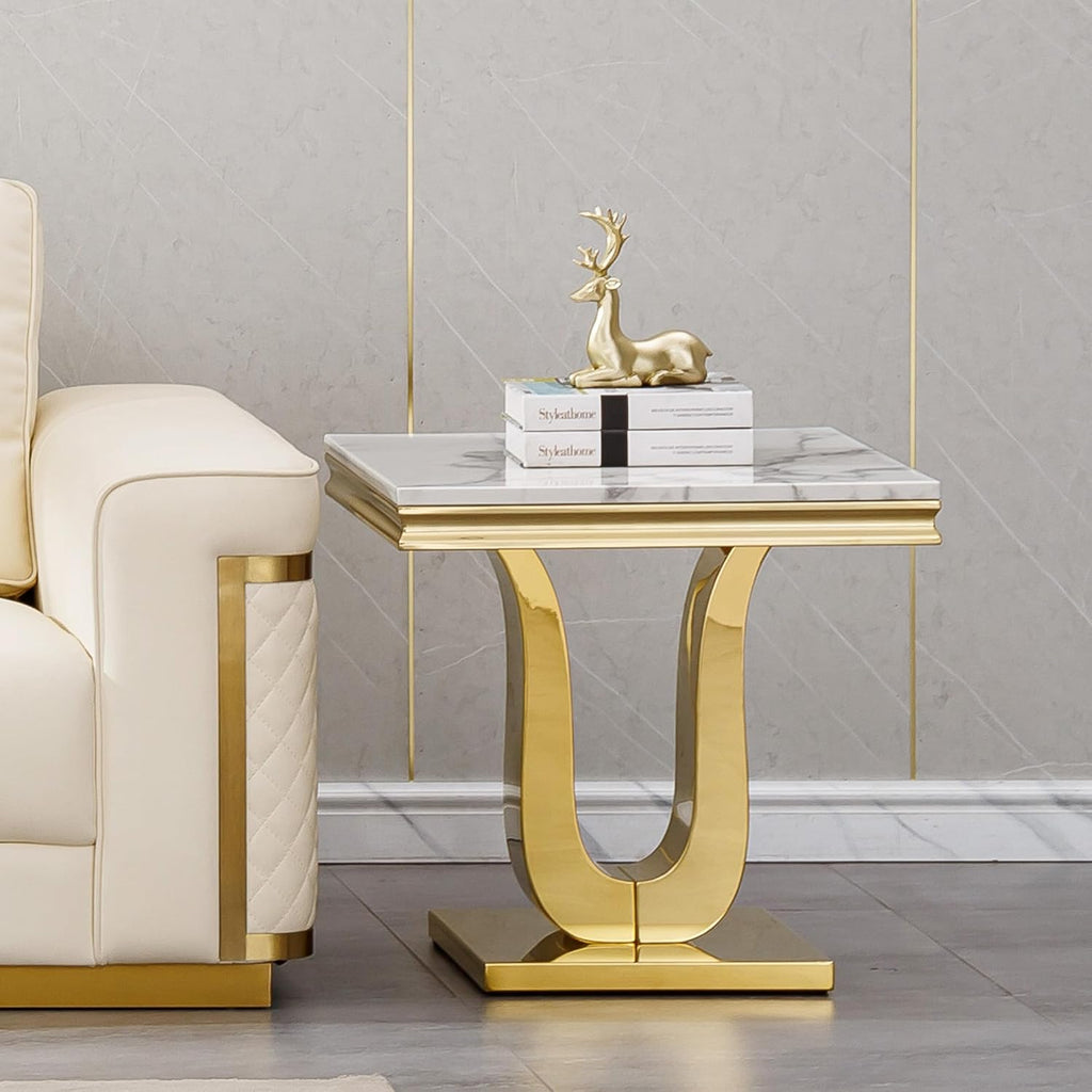 23'' Faux Marble End Table with High-Gloss U Base, Rectangular Marble Top Sofa Side Table for Living Room Office, Modern White Gold Accent Table with Stainless Steel Frame