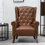 Faux Leather Accent Chair, Mid-Century Armchair Upholstered Club Sofa Chair with Wooden Legs, High Back Living Room Chair for Bedroom, Office, Lounge (Brown)
