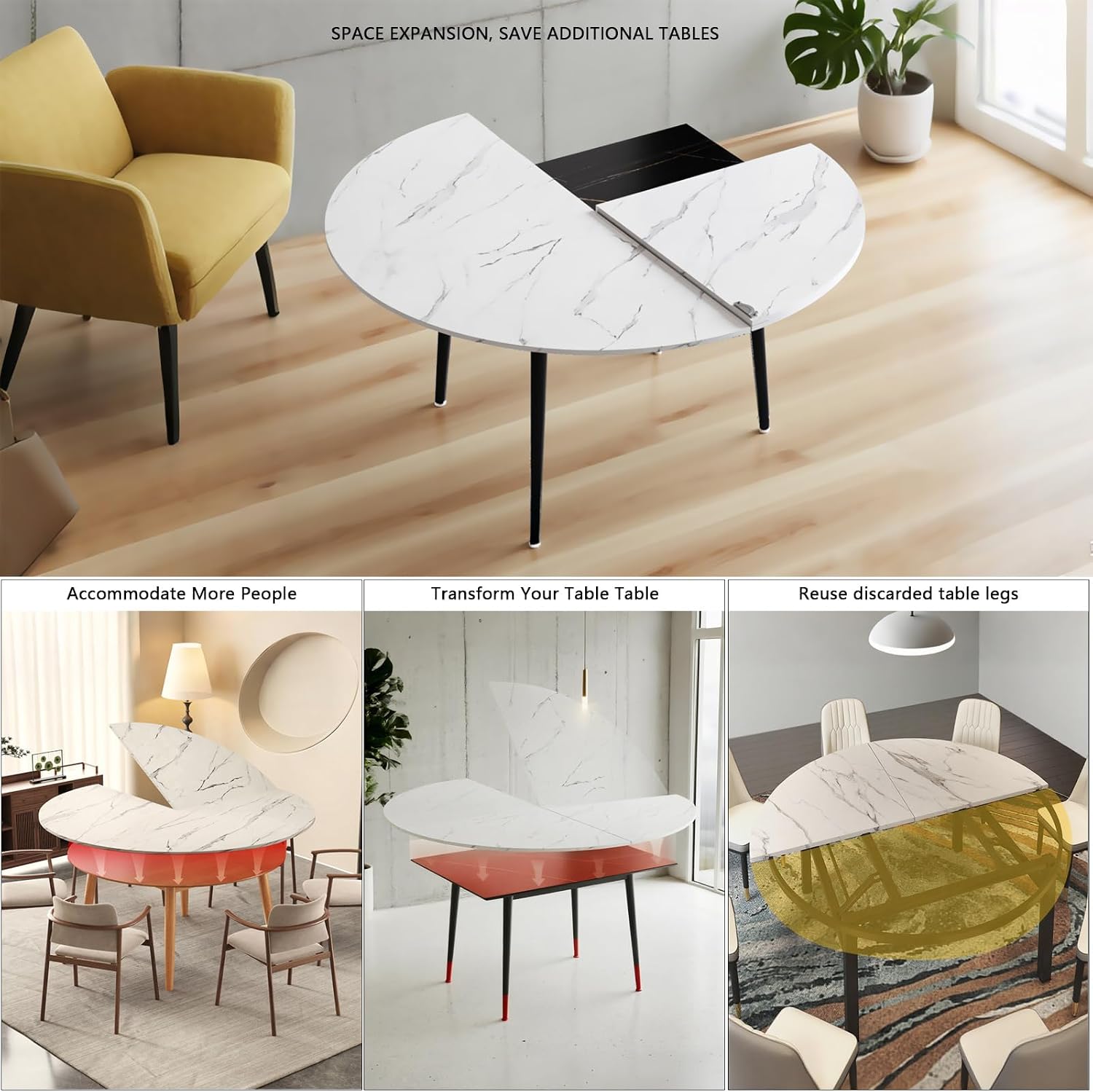 Big Foldable Round Table Tops only Extender, Large Round Folding Tabletop Extender Extend-8in No Legs, 4-fold Portable Wooden Dining Table top for Dining/Kitchen (White, D:59.05IN)