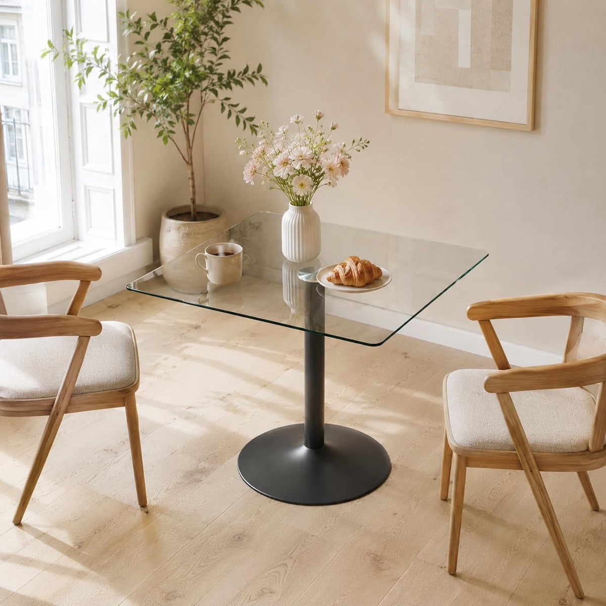 38.6'' Square Kitchen Table,Clear Square Glass Dining Table,Tempered Glass Dining Table with Sturdy Black Chrome Pole Support,Small Circle Table for Small Spaces Apartment,Dining Room(30" H