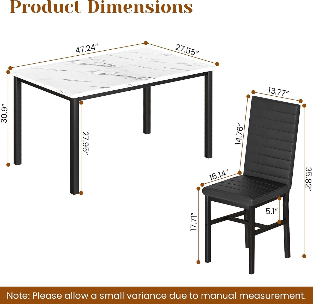 Hooseng Dining Table Set for 4, 5-Piece Faux Marble Dinner Table Set with 4 Upholstered PU Leather Chairs Kitchen Table Chairs Set Modern Space-Saving Dinette Set for Breakfast Nook Apartment Black