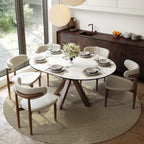 POVISON Modern Extendable Dining Table, 47" to 63" Round to Oval Sintered Stone Kitchen Table with Carbon Steel Pedestal Base for 4-6, White with Bronze(Table Only