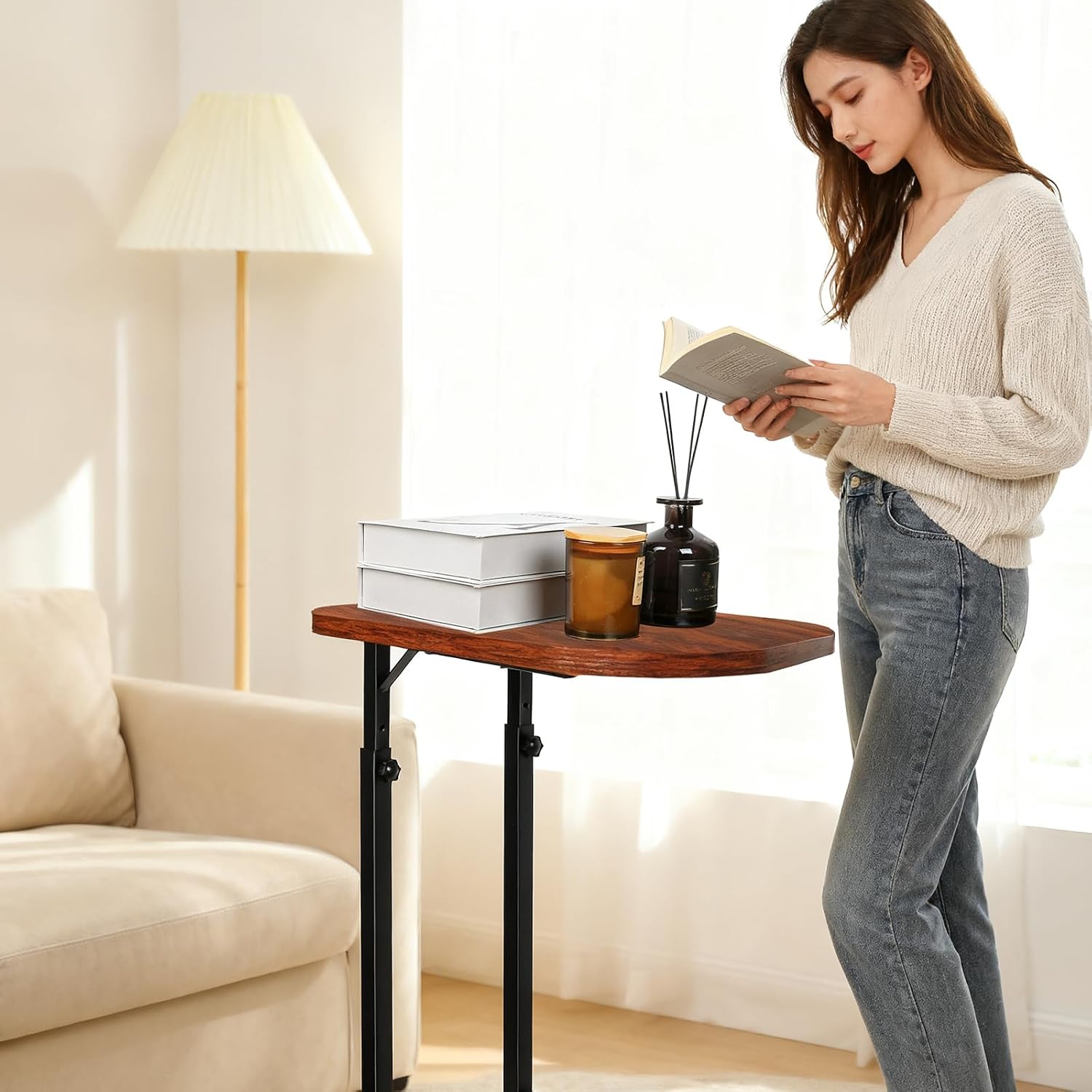 Adjustable Side Table, C Shaped End Table for Couch, Bedside Table TV Tray Small Coffee Table, Narrow Side Tables for Living Room, Bedroom, Bathroom, Small Table for Sofa, Bed, Couch