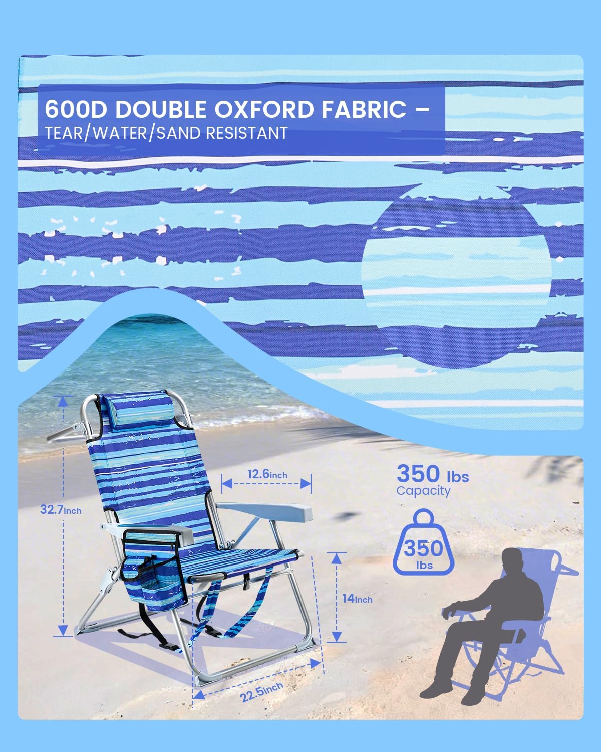 GVDV 2 Pack Backpack Beach Chairs for Adults, 14" Mid-Height Foldable Chair with Lay Flat Position, 4-Position Adjustable Reclining, Towel Bar, Zipper Pouch & Cup Holder, Blue Ocean