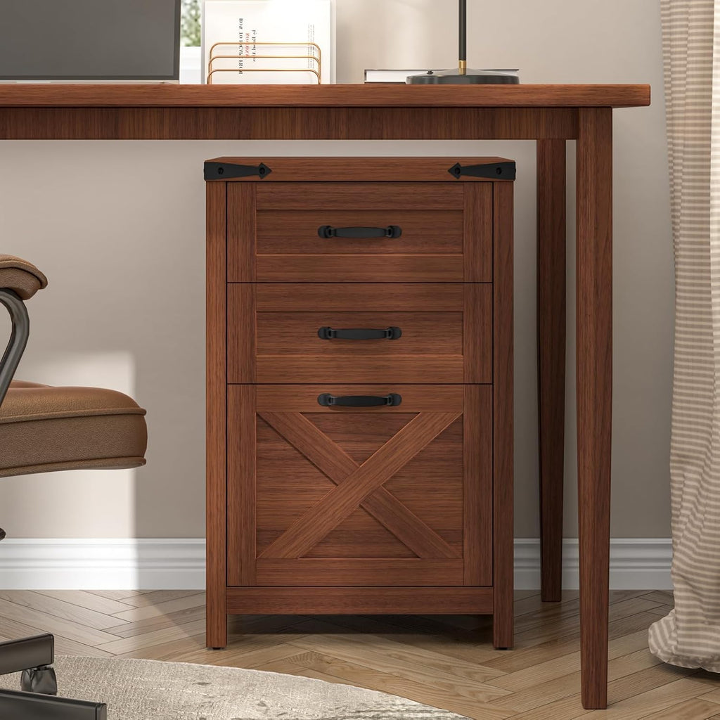 Halitaa Small Farmhouse File Cabinet with 3 Drawers for Home Office, Walnut | Vertical Filing Cabinet Fits Letter and A4 Size, Farmhouse Printer Stand, Under Desk Wooden File Cabinet