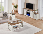 AMERLIFE 5-Piece Farmhouse Table Set Includes Fireplace TV Stand, Coffee Table& Two End Tables with Charging Station and USB Ports, for Living Room, Distressed White, 63"