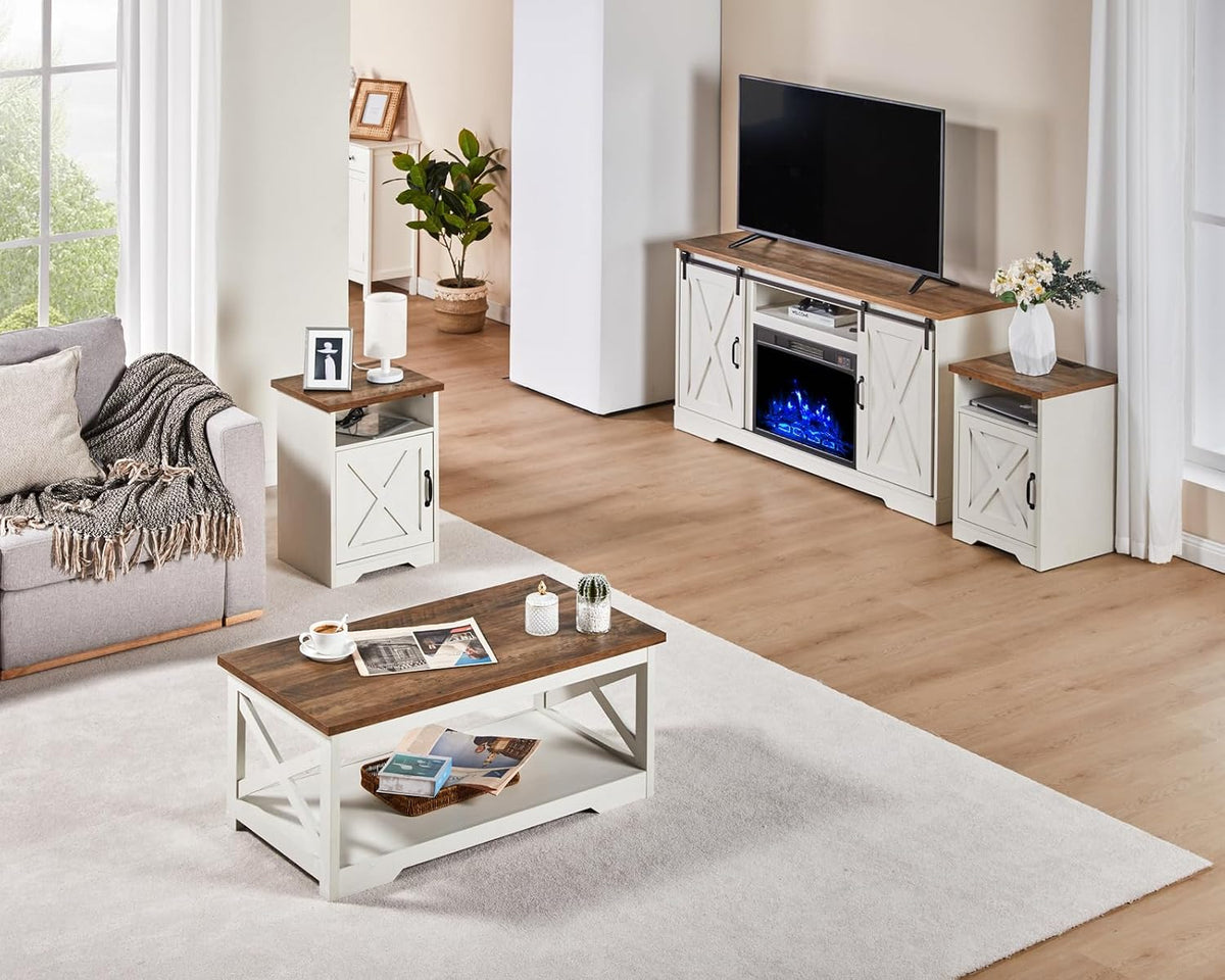 AMERLIFE 5-Piece Farmhouse Table Set Includes Fireplace TV Stand, Coffee Table& Two End Tables with Charging Station and USB Ports, for Living Room, Distressed White, 63"