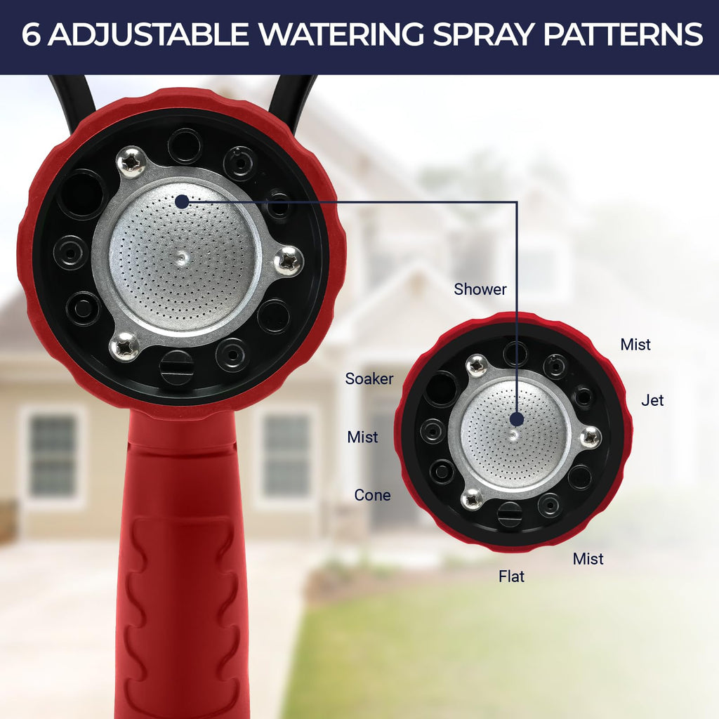 HugeDawn Garden Hose Nozzle, 6 Spray Patterns Heavy Duty Metal Water Nozzle with High Pressure for Watering, Cleaning, Washing (Red)