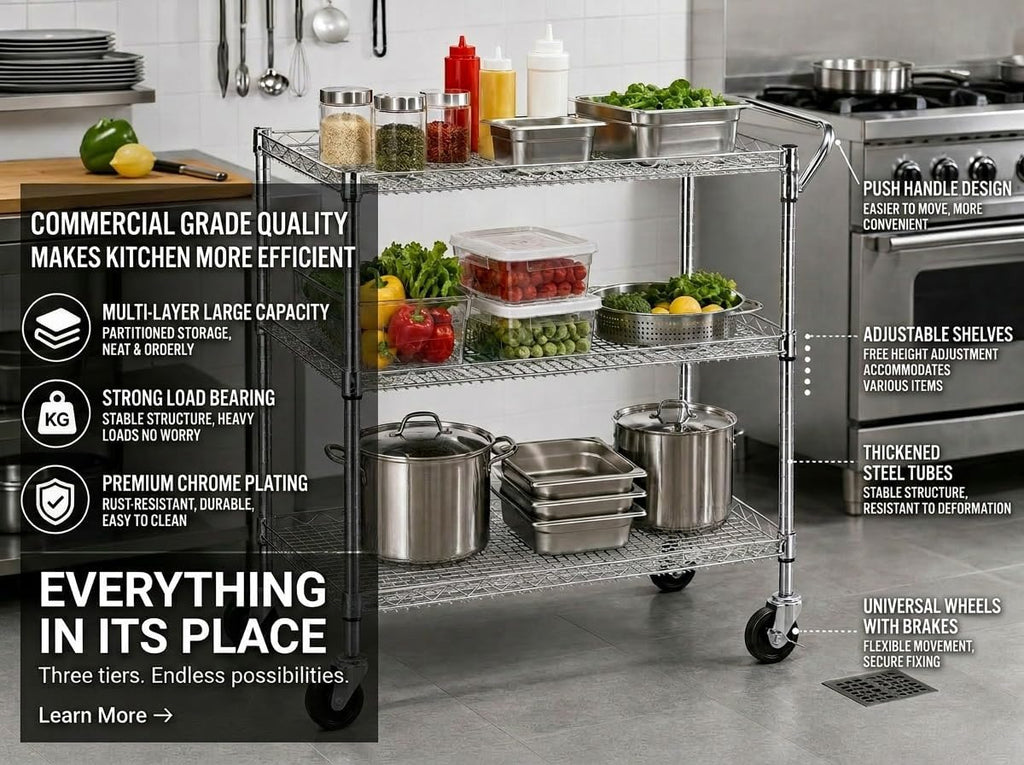 Heavy Duty 3 Tier Rolling Utility Kitchen Cart on Wheels,Large 45"L x 17 1/2"D x 45"H Metal Serving Cart Commercial Grade with Wire Shelving and Handle Bar for Office School Church Kitchen Hardware