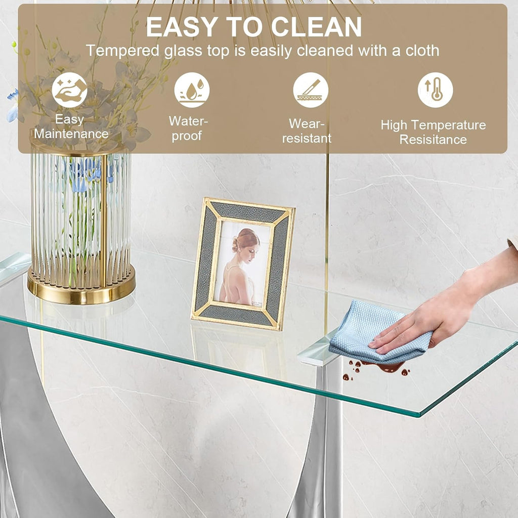 Luxury Silver Glass Console Table, Modern 47" Rectangle Entryway Table with Mirrored U-Shape Stainless Steel Base, Clear Glass Sofa Tables Behind The Couch Hallway Tables for Living Room