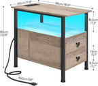 HOOBRO End Table with Charging Station & Led Light, Flip-Top Narrow Side Table with 2 Drawers, Nightstand for Small Spaces, Bedroom, Living Room, Stable and Sturdy, Greige and Black BG436UDBZ01