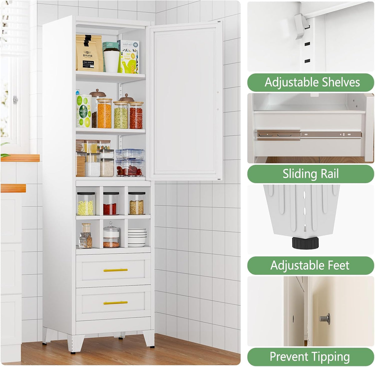 Ckzbx Tall Narrow Storage Cabinet, 66.93" H Tall Bathroom Cabinet Metal Pantry Cabinets with Hollowed-Out, 3 Adjustable Shelves, for Kitchen, Bathroom, Home Office, Living Room (White)
