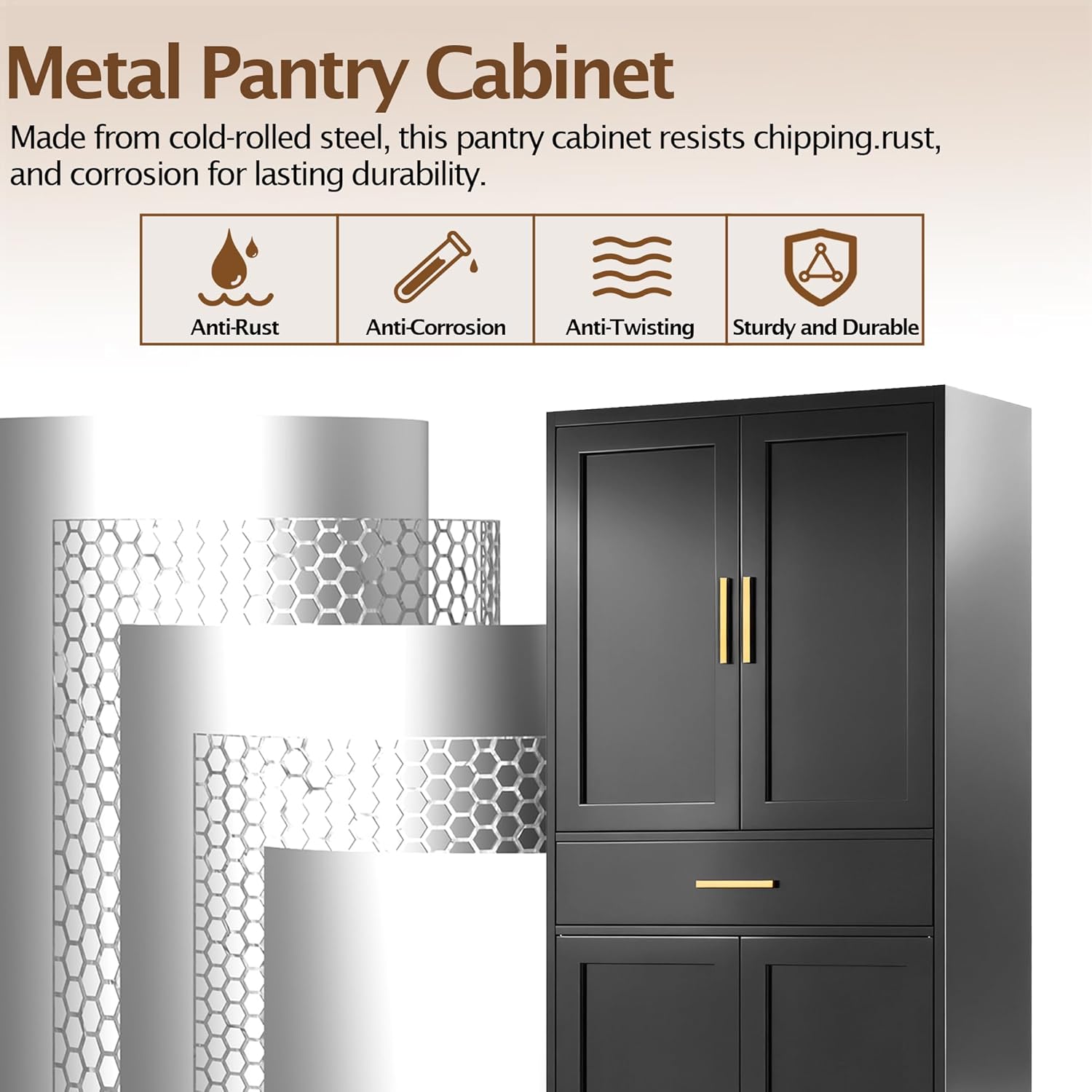 Kitchen Pantry Cabinet, 71”H Metal Storage Cabinet with 1 Drawer, Doors and 2 Adjustable Shelves, Black Pantry Storage Cabinets for Kitchen, Living Room, Dining Room and Bathroom