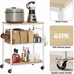 Homleke 3-Tier Rolling Kitchen Microwave Cart, Utility Cart | with Lockable Wheels Coffee Bar Table Station with 6 Hooks, Small Appliance Storage Shelf, White and Natural