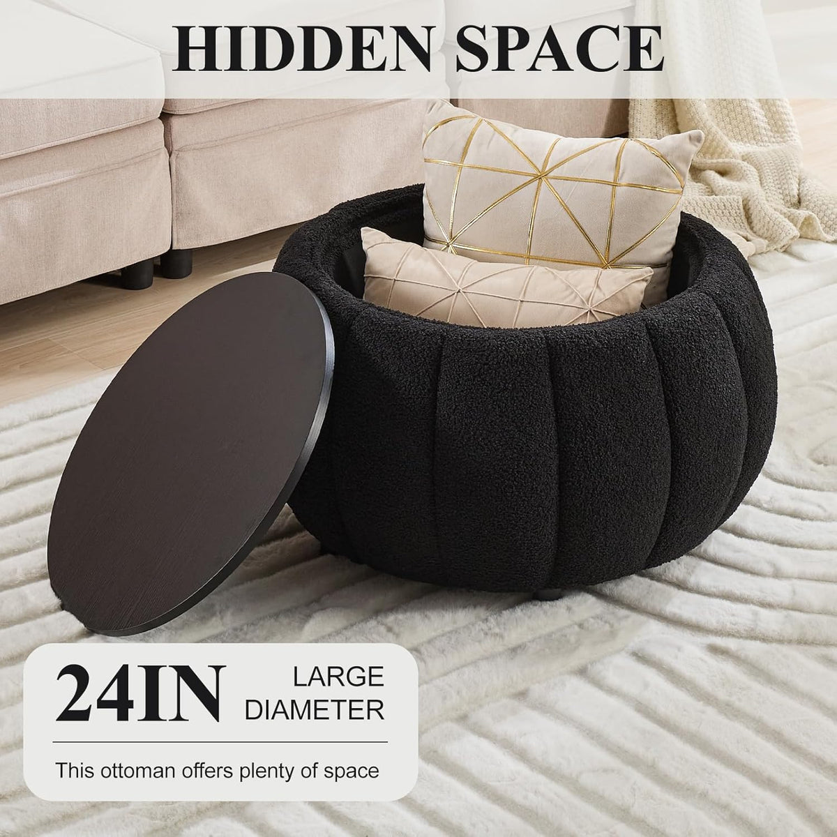 YDcosyfy 30 Inches Round Ottoman Coffee Table with Storage, Upholstered Ottoman in Boucle Teddy Fabric, Wooden Top with Tray, Soft Pumpkin Shape Design,for Living Room, Bedroom, Lounge, Black