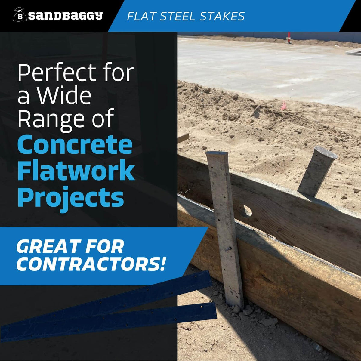 Sandbaggy Flat Steel Stakes for Concrete Forms with Nail Holes - 1.5" Wide - Painted - Removable, Reusable, V Point End - Construction Grade Stakes (25, 48 inch)