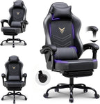 GTPLAYER Gaming Chair with Footrest, Ergonomic Office Chair 300lbs Capacity, Computer Desk Chair with Headrest and Lumbar Support, Linkage Armrests, 90-155° Recline, PU Leather Grey