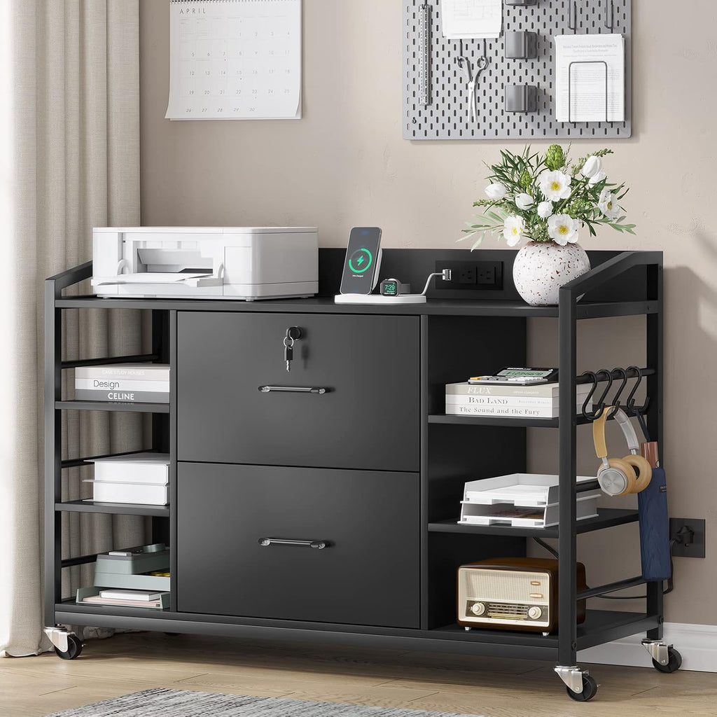 SEDETA 44" File Cabinet with Lock, Filing Cabinet fits Legal/Letter Size | Black Lateral 2 Drawer Filing Cabinets for Home Office with Lock, Power Strip, 6 Storage Shelves, Wheels and 4 Hooks
