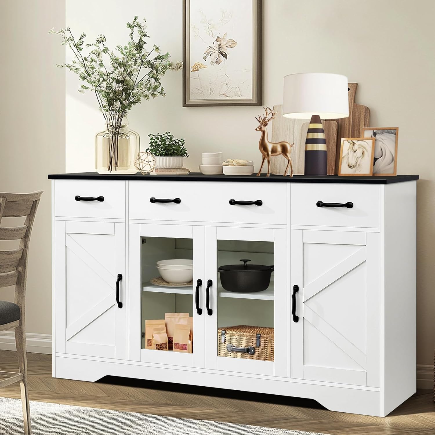 Likein Sideboard Buffet Cabinet with Storage - 55" Kitchen Storage Display Cabinet with 4 Drawers and Glass Doors, 15.8" D Farmhouse Wood Buffet Table Coffee Bar Cabinets for Entryway Living Room