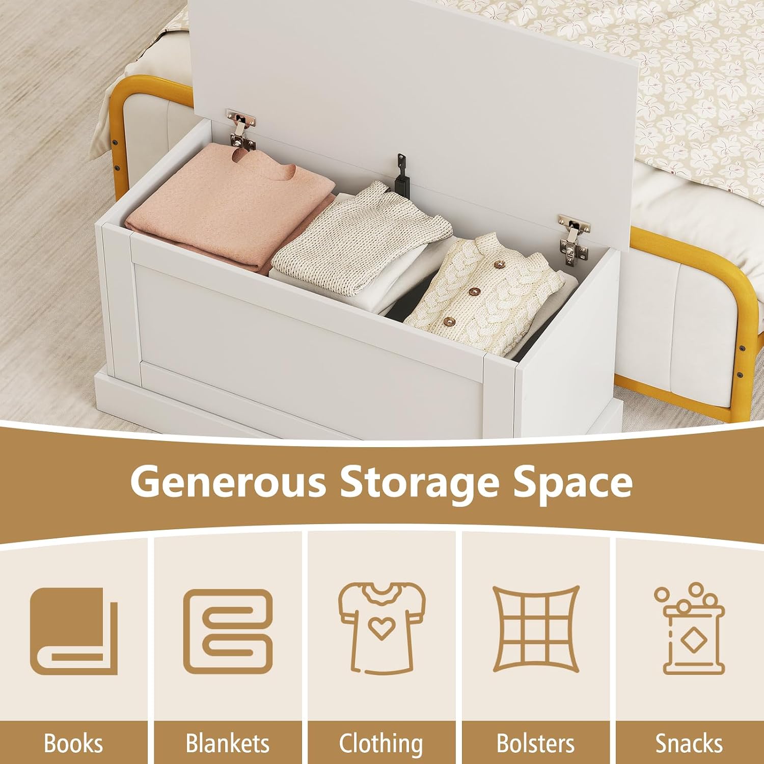 LOKO 35.5-inch Wooden Storage Bench, Lift Top Storage Box (White) | Large Storage Chest | Farmhouse Storage Trunk | Metal Hinges | Safety Hydraulic Strut | For Living Room, Bedroom, Entryway