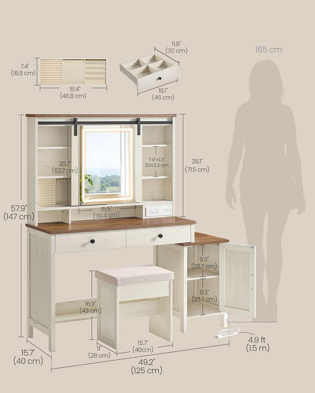 VASAGLE Farmhouse Vanity Desk with Mirror and Lights, Stool, 2 Drawers | Makeup Vanity, Charging Station for Bedroom, Jewelry Storage, Rustic White and Honey Brown, LIRY Collection URDT135W01S