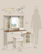 VASAGLE Farmhouse Vanity Desk with Mirror and Lights, Stool, 2 Drawers | Makeup Vanity, Charging Station for Bedroom, Jewelry Storage, Rustic White and Honey Brown, LIRY Collection URDT135W01S