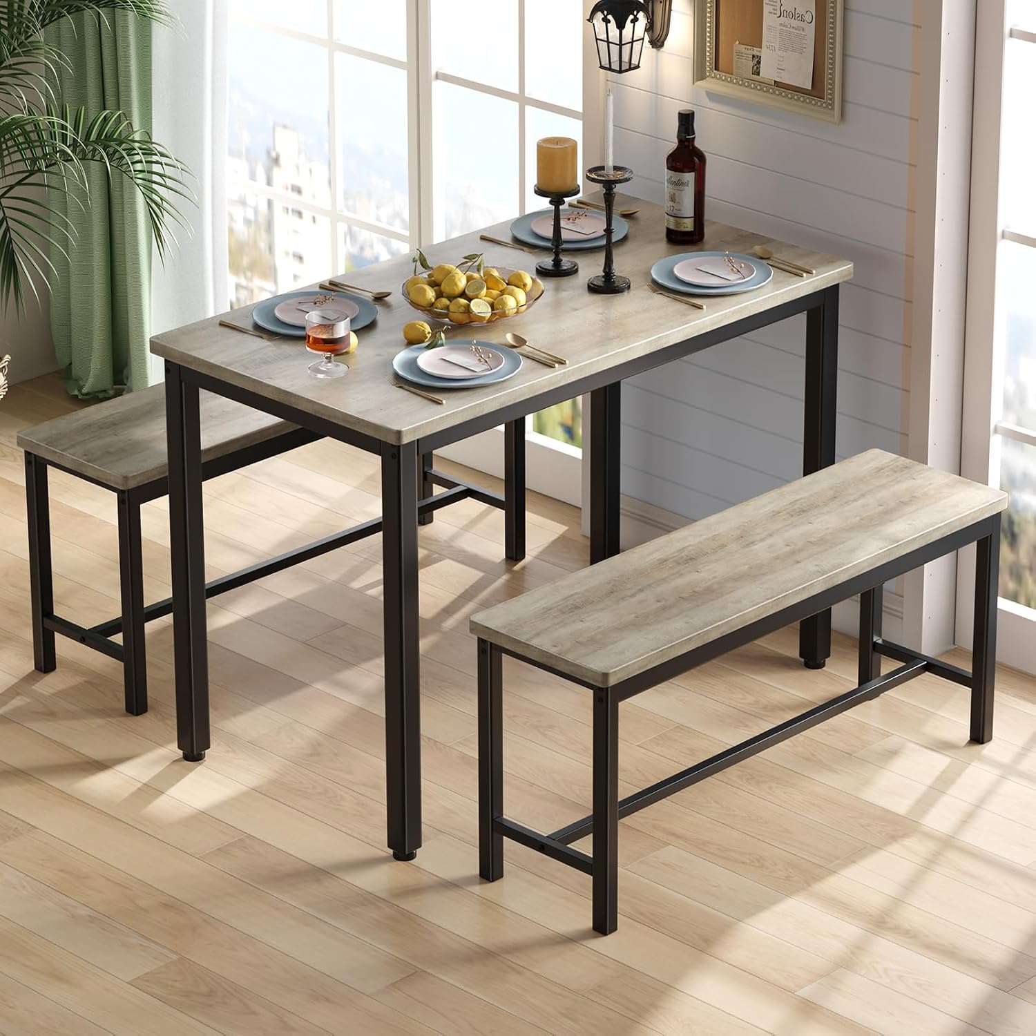 Tatub Dining Table Set for 4, 3-Piece Kitchen Table with 2 Benches, Space-Saving Dining Room Set for Breakfast Nook and Small Spaces, Grey | Kitchen Table and Chair Set，Dining Table with Chair, Space-Saving Dining Room Set for Breakfast Nook, Apartment