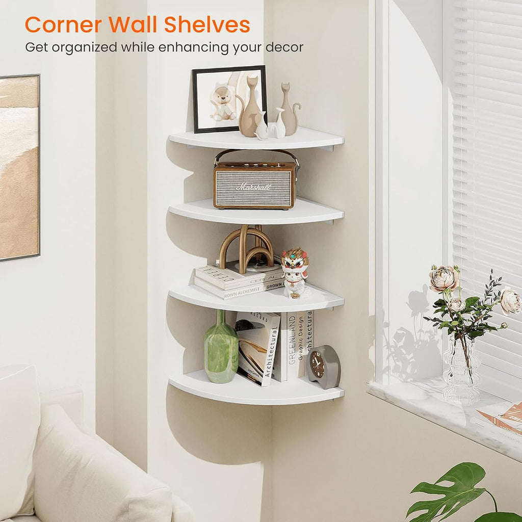 Homode Corner Floating Shelves, Set of 4 Round Corner Shelf Wall Mount with Cord Hole, 12 Inch Wood Curved Corner Hanging Shelf for Cable Box, Speaker, TV Cords, Books, Plants, White