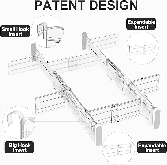 HiYZ Expandable Drawer Dividers with Inserts - Adjustable Drawer Organizers Separators for Kitchen, Bedroom, Dresser, Office, 8 Long Dividers(12.6-22.8 IN) with 16 Inserts(3.9-7.1 IN) - Clear
