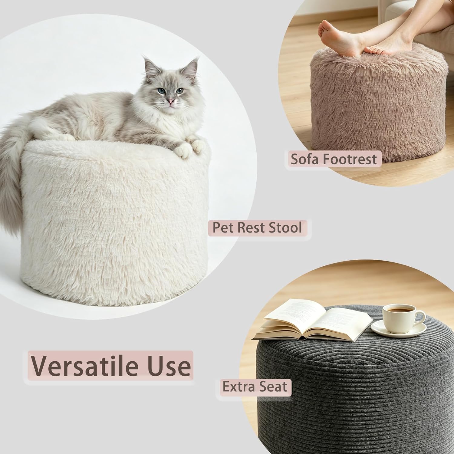 LPMOERA Round Storage Ottoman Pouf Faux Fur Portable Decorative Foot Rest Stool Poufs for Living Space Camel