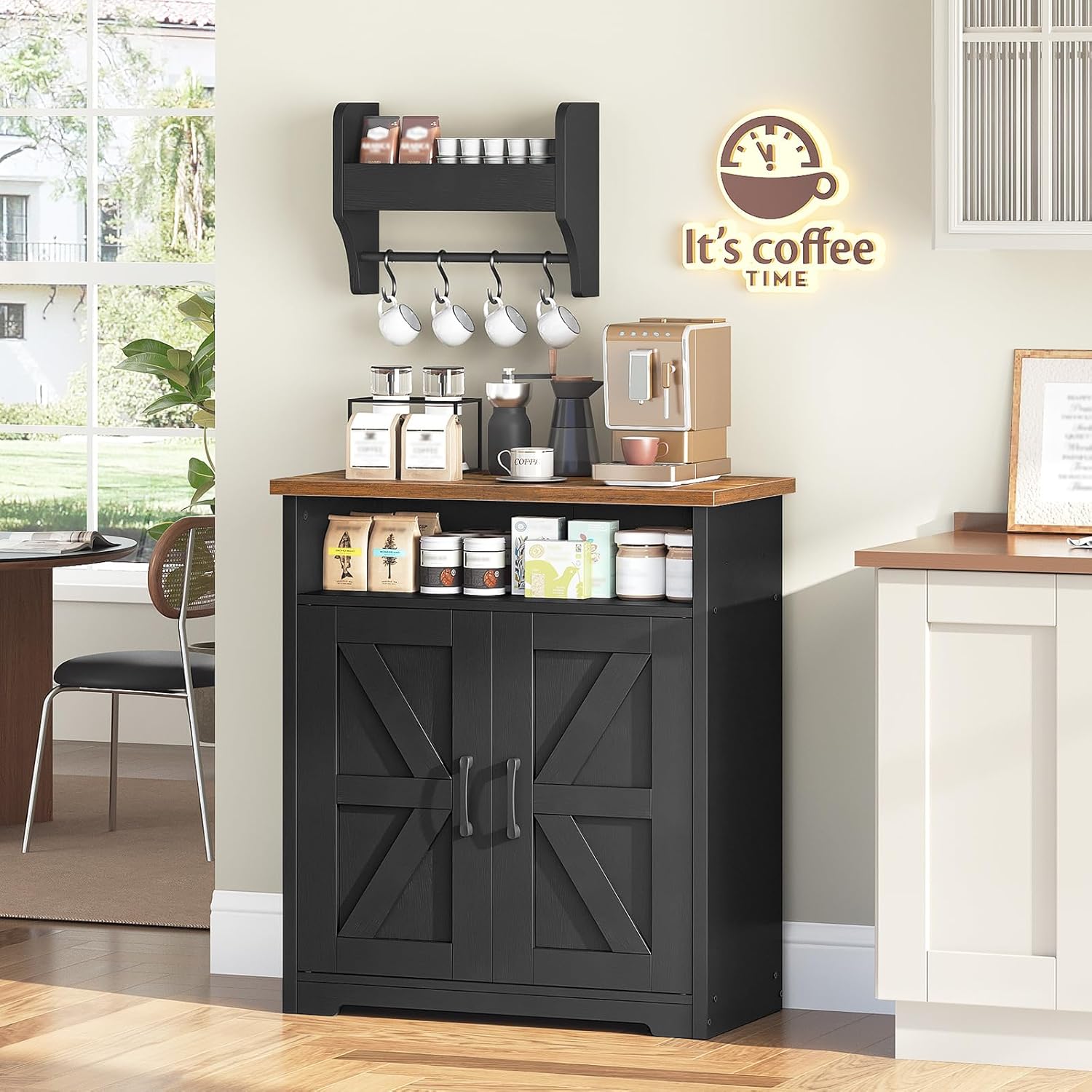 YATINEY Coffee Bar Cabinet, Kitchen Island with Storage, Farmhouse Sideboard Buffet Cabinet with Dual-Purpose Floating Shelf and Hooks, for Restaurant, Living Room, Rustic Brown KF22BR