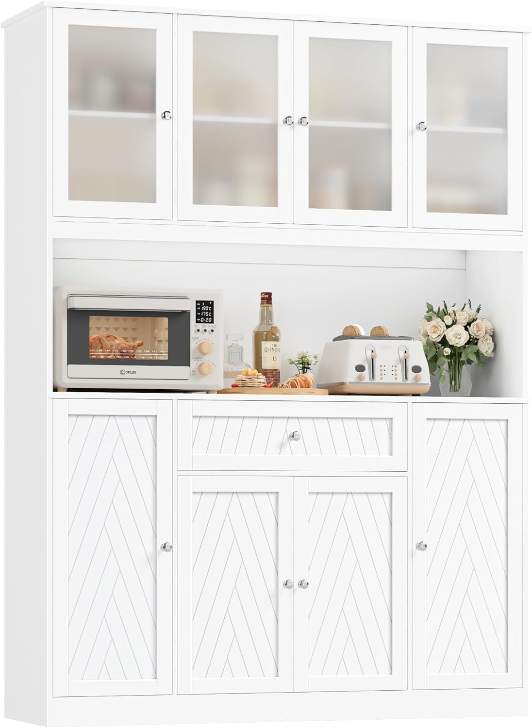 BOTLOG 72" Tall Kitchen Pantry Cabinet, 55.1" Wide Large Kitchen Hutch with Microwave Countertop, Coffee Bar Station with Drawer & Doors, White Freestanding Buffet Cupboard for Dining Room