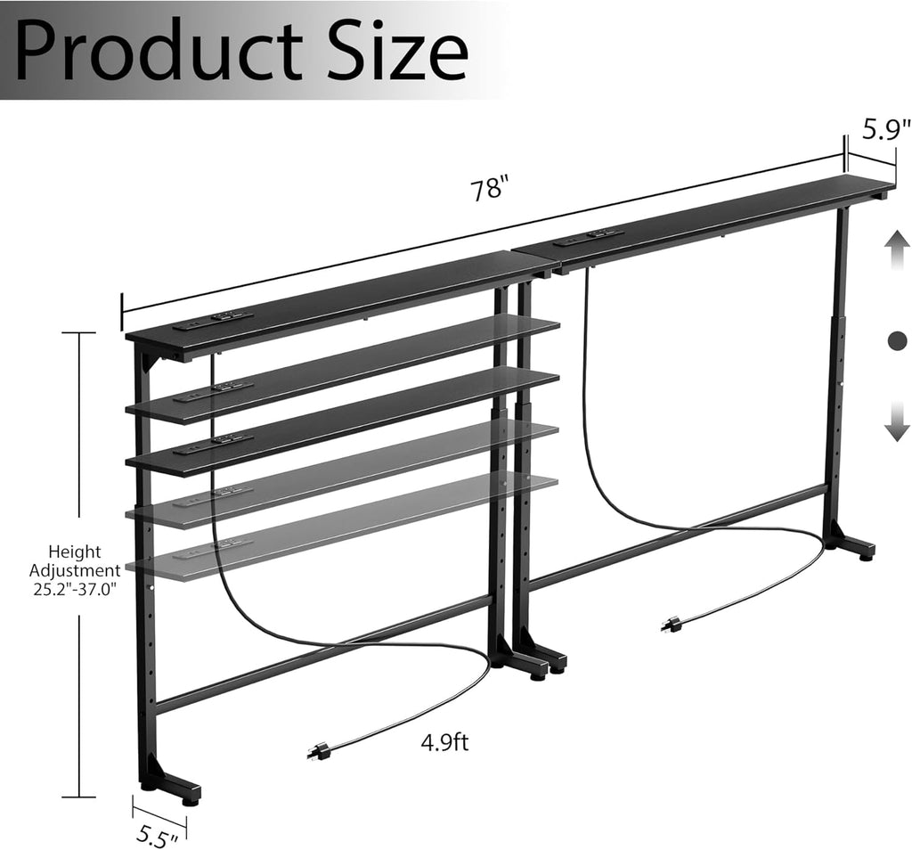 Keelian 78 inch Behind Couch Table with Outlets Adjustable Sofa Table Black