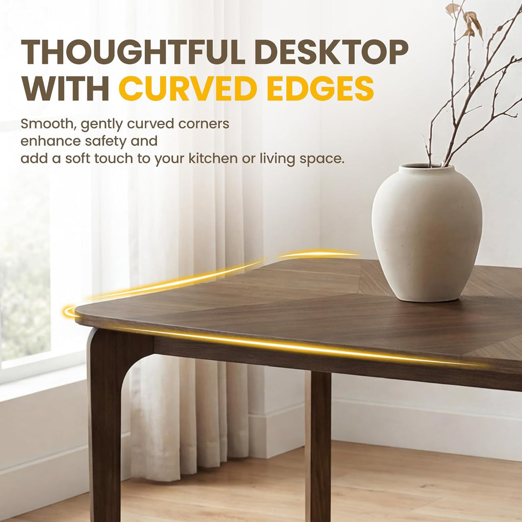 HNY Modern Curved Edge Dining Table, 63" Solid Wood Kitchen Table with Herringbone Pattern Mid-Century Rectangular Dinner Table for 6-8 People, Walnut Color Finish