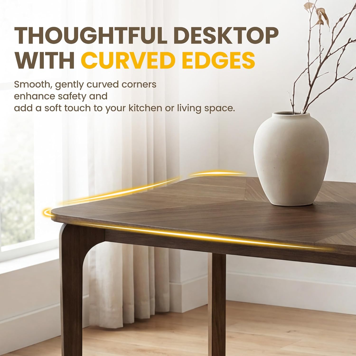 HNY Modern Curved Edge Dining Table, 63" Solid Wood Kitchen Table with Herringbone Pattern Mid-Century Rectangular Dinner Table for 6-8 People, Walnut Color Finish