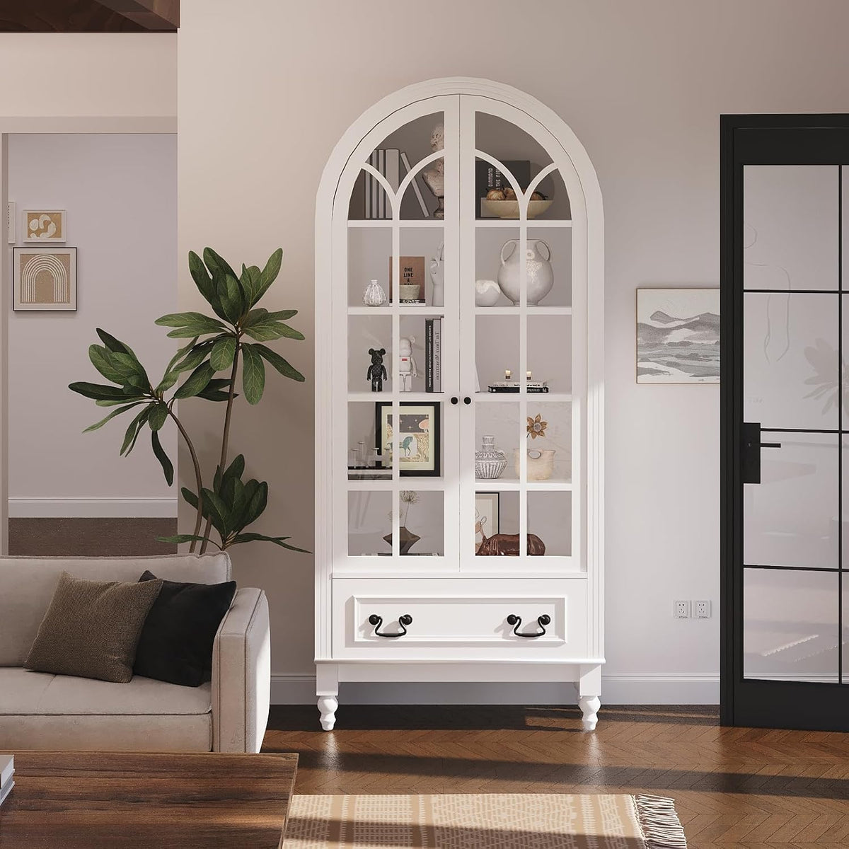 LIVAUVEAD 67" Tall Arched Kitchen Pantry Cabinet with Hidden Drawers & Adjustable Shelves, Bookshelf with Glass Door, Arched Cabinet for Kitchen, Dining Room