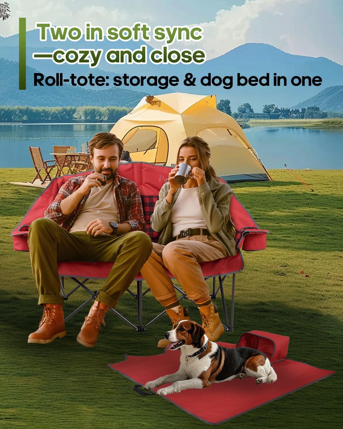 Double Camping Chair Padded Loveseat Camp Couch for Adults, Oversized 2 Person Love Seat with 2 in 1 Carry Bag, Heavy Duty Folding Outdoor Sofa with Cup Holders for Lawn Beach Tailgating, Red
